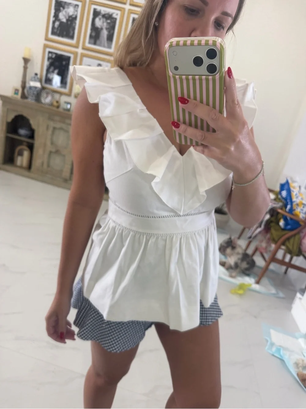 kate spade Cotton White Ruffle V-Neck Peplum Top